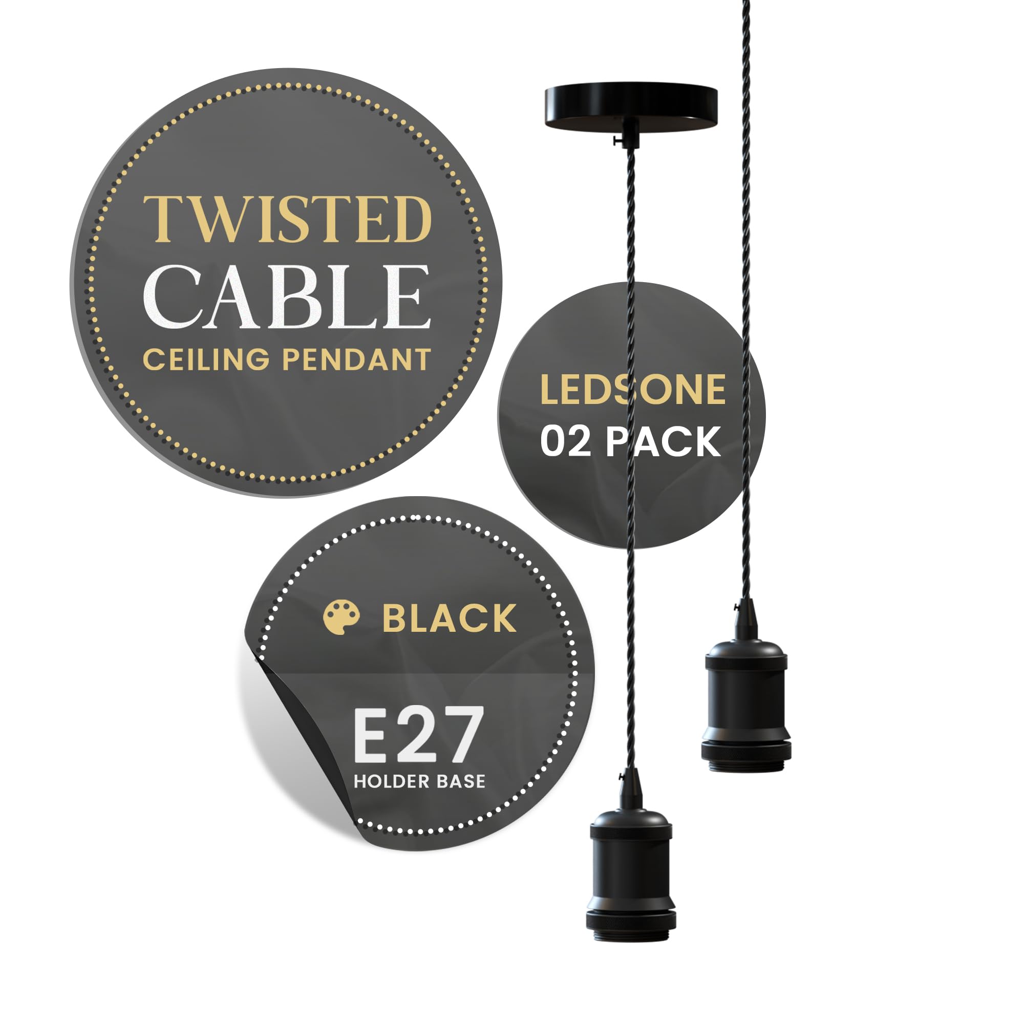 LEDSone Vintage E27 Pendant Light Fitting 2 Pack Black Metal Lamp Holder Adjustable 95cm Twisted Braided Cable Hanging Ceiling Light Kit Industrial Lighting
