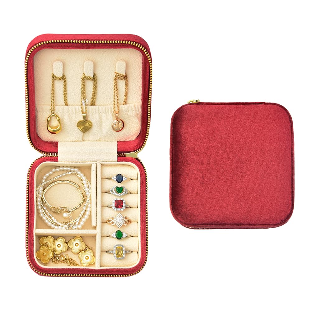 TAIMYTravel Jewelry Case, Small Plush Velvet Jewelry Box for Women and Girls, Portable Jewelry holder organizer for Rings Earrings Necklaces Bracelets(Burgundy)