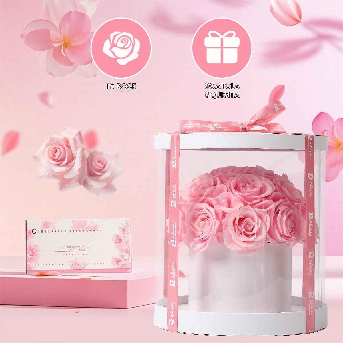Scatola Regalo Rotonda di Fiori conservati Fiore eterno per lei 19 Rose conservate - Regali di Compleanno (Rose Rosa)