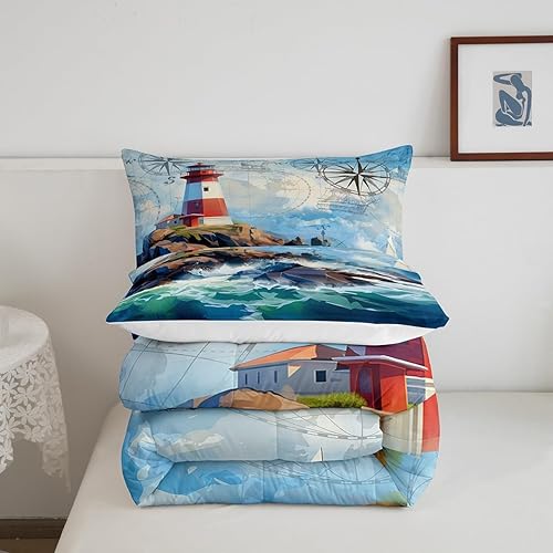 Miniatura 5 de Juego de edredón de olas oceánicas, tamaño Queen, juego de ropa de cama náutica retro con brújula de faro para mujeres, hombres y niños, decoración