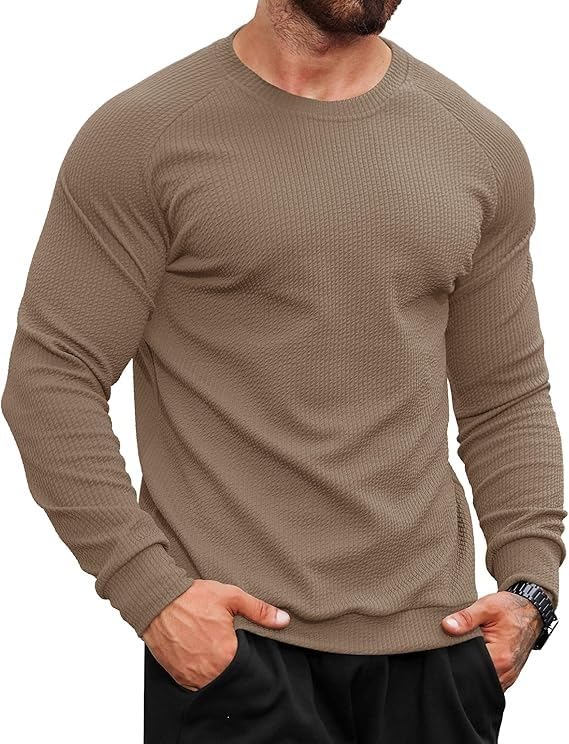 Tokyo Talkies Men Slim Fit Textured T-Shirt, Long Sleeve Crew Neck Casual Stretch Top, Solid Green Fashion Tee for Winter, Autumn, Gym, Outdoor Use(Full_Sleeve_Popcorn (1)) in green