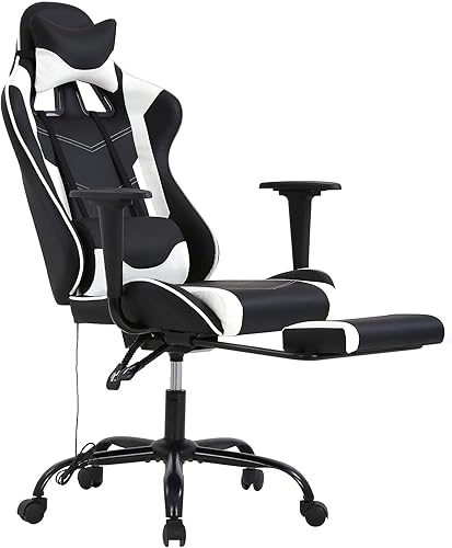 HCY Silla ergonómica de respaldo alto, estilo carreras, con reposapiés, reposacabezas y soporte lumbar, altura ajustable, silla de oficina de piel