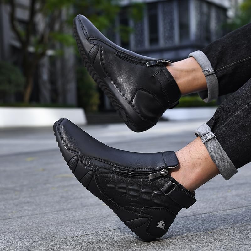 Men's Leather Handmade High Top Chukka Ankle Boots Comfortable Round Toe Side Zipper Slip On Sneakers Fashion Lightweight Outdoor Walking Driving High Boots - Image 7