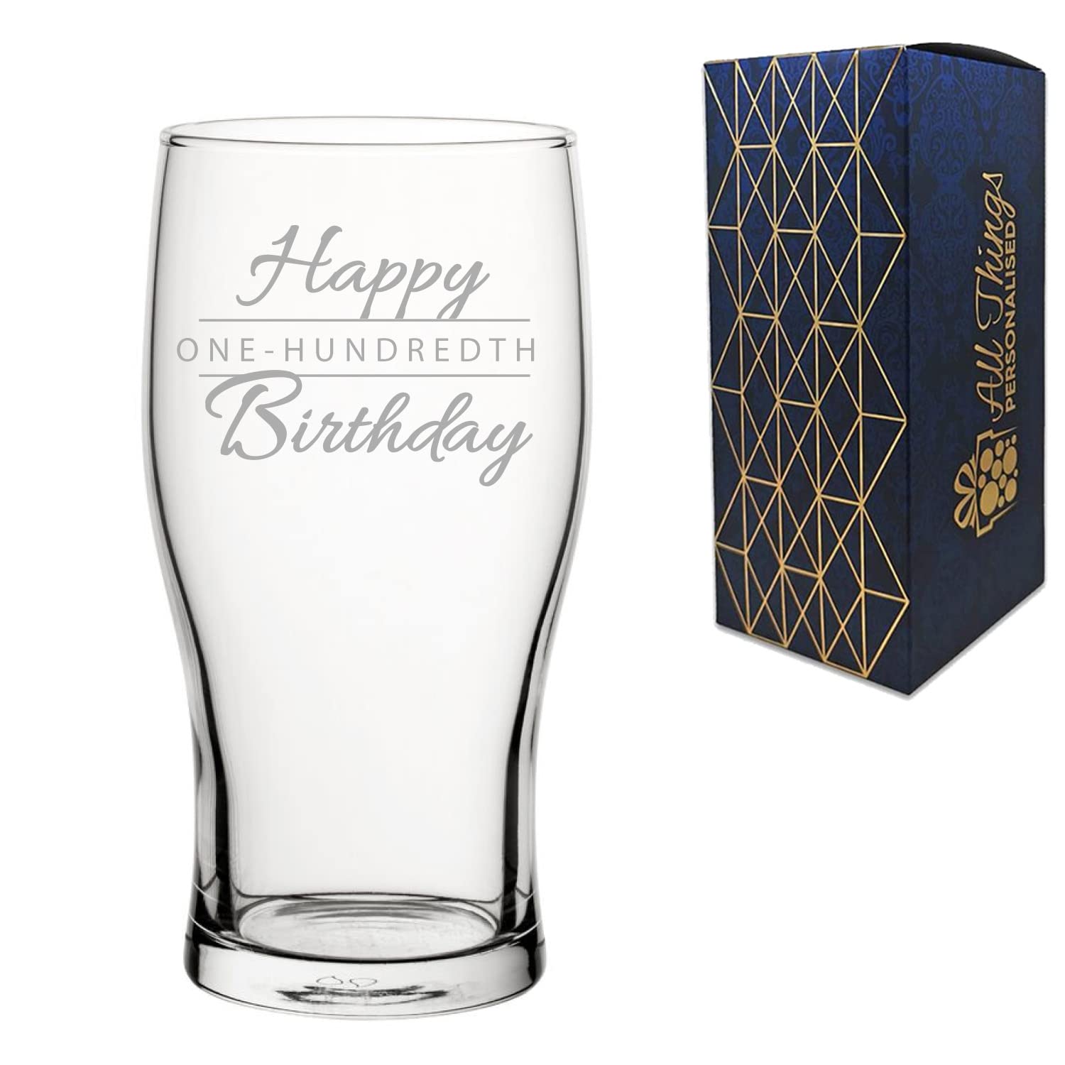 Engraved 100thBirthday Gift, Tulip Pint Glass, Holds 20oz, 590ml, Gift Boxed, Happy Birthday Script Design, Gift for Him or Her, Laser Engraved in The UK