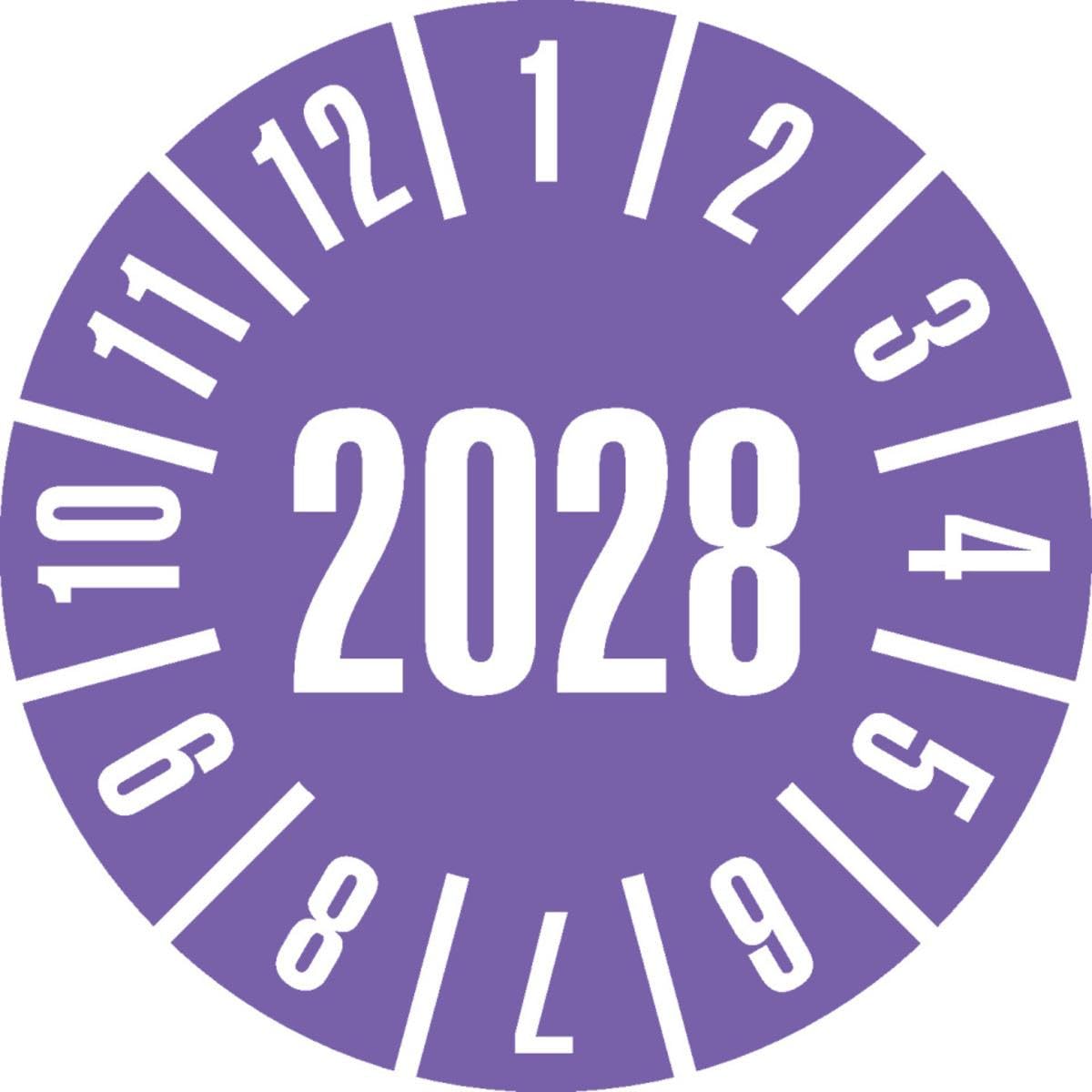 Jahresprüfplakette 2028, violett, ablösbare Folie, Ø 25 mm, 500 Stück/Rolle, für Innen- und Außenbereich