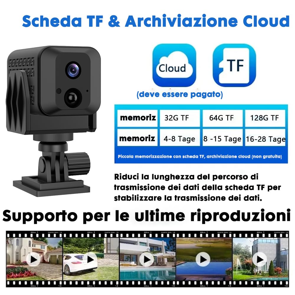 Mini fotocamera, telecamera di sorveglianza WiFi 4K HD con batteria integrata, piccola fotocamera con sensore di movimento, visione notturna, trasmissione in tempo reale e archiviazione cloud (mini2)