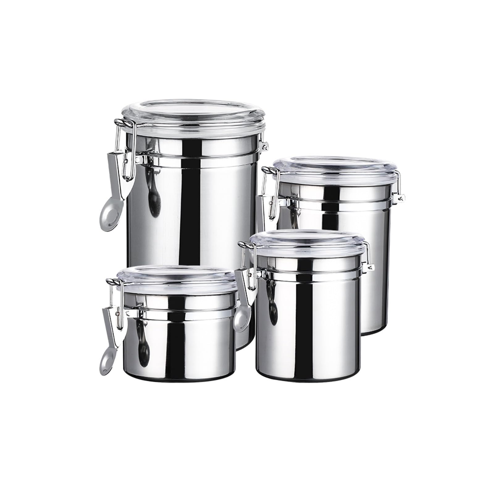 Stainless Steel Cereal Dispenser Bucket Kitchen Storage Containers with Clear Lid Airtight Canisters with Locking Clamp Milk Powder Jugs Rice Containers Food Storage Jar for Tea Coffee Bean Sugar.(4pc
