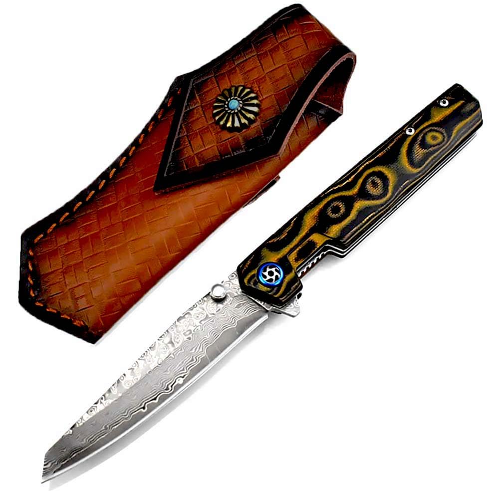 Taschenmesser Damast leicht Klappmesser Aus Damaststahl mit liner lock, Bunt G10 griff, 9.1cm Damaszener Klinge, Outdoor Edc Messer Survival Jagdmesser, Damaskus Geschmiedet, Einhandmesser, Holster