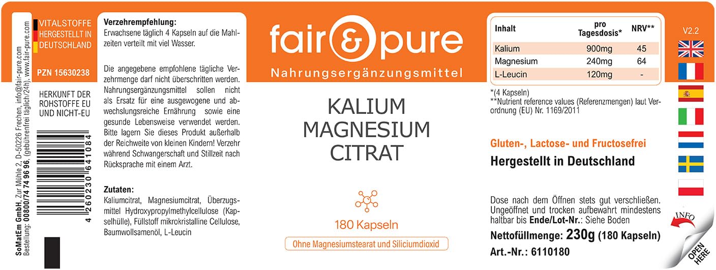 Fair & Pure® - Potassio e magnesio in capsule - Citrato di magnesio e citrato di potassio - Vegan - Minerali essenziali - 180 Capsule