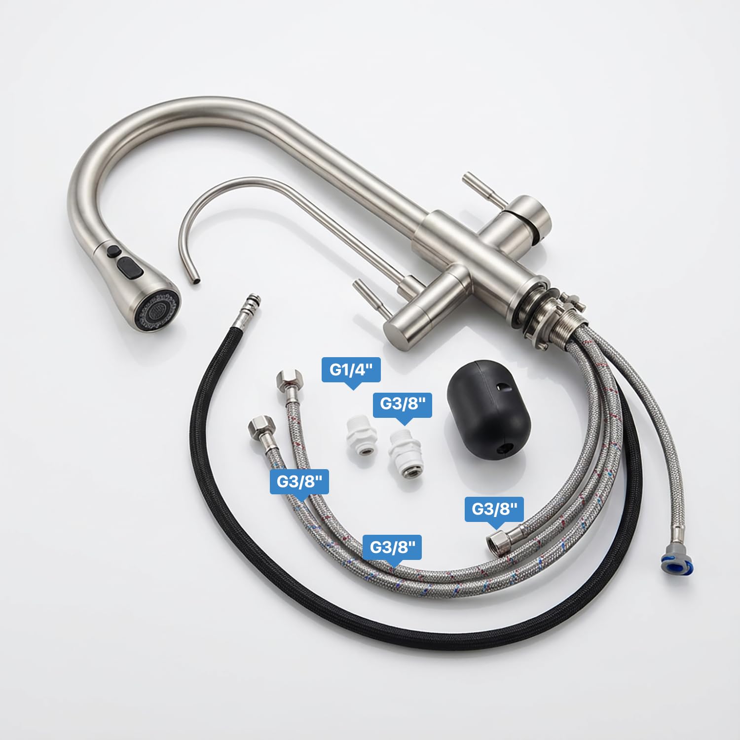 Rubinetto a Tre Vie, Rubinetto 3 Vie Cucina Girevole a 360° con Filtro Dell'acqua & Doccetta Estraibile, Doppio Manico, Acqua Fredda e Calda, Acciaio Inossidabile