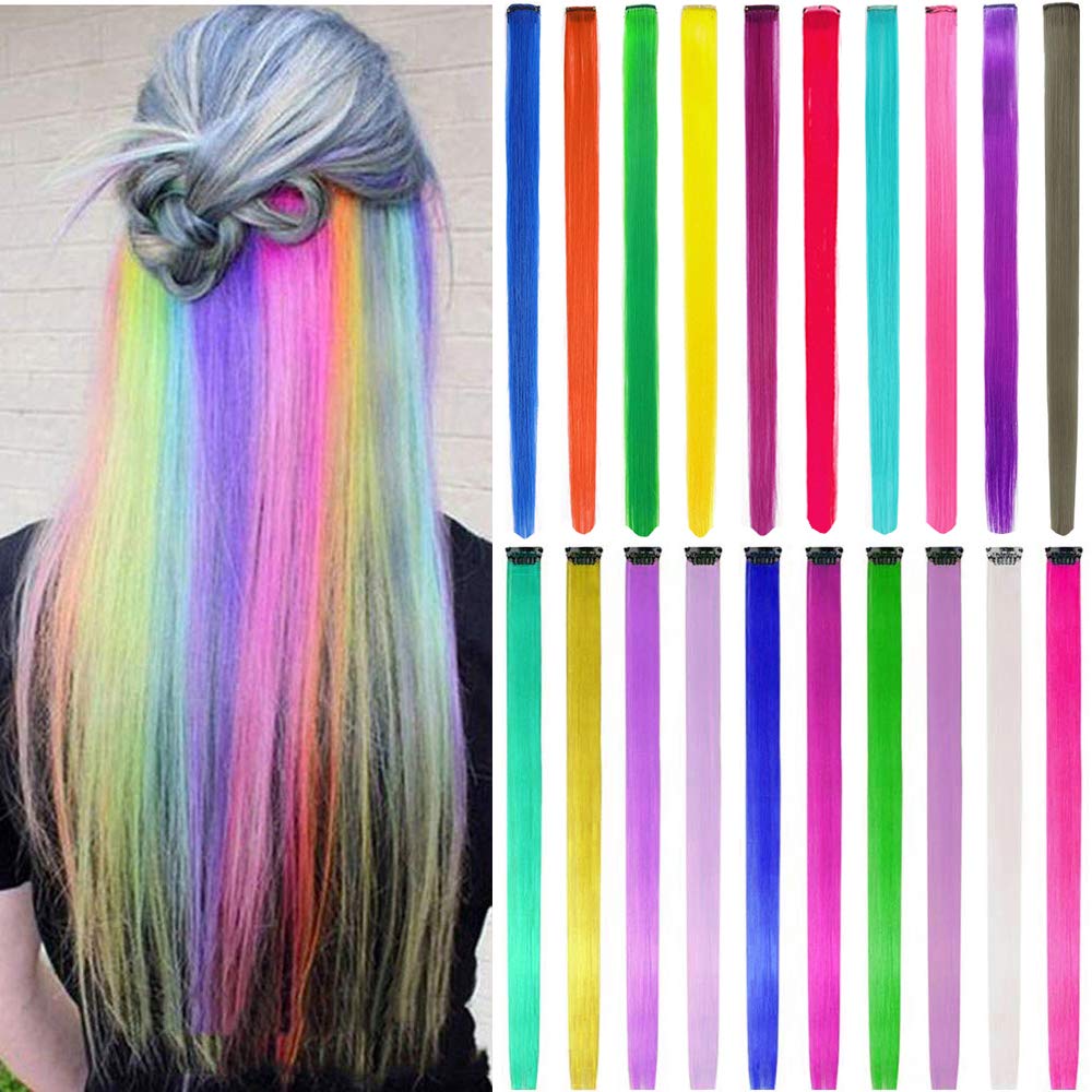 Amazon.com : Colored Hair Extensions for Kids Girls 22pcs Rainbow Hair  Extensions Clip in Colorful Hair Extensions 22 Inch Multi-color Straight  Hair Party Highlights Synthetic Hairpiece (Straight hair) : Beauty &  Personal