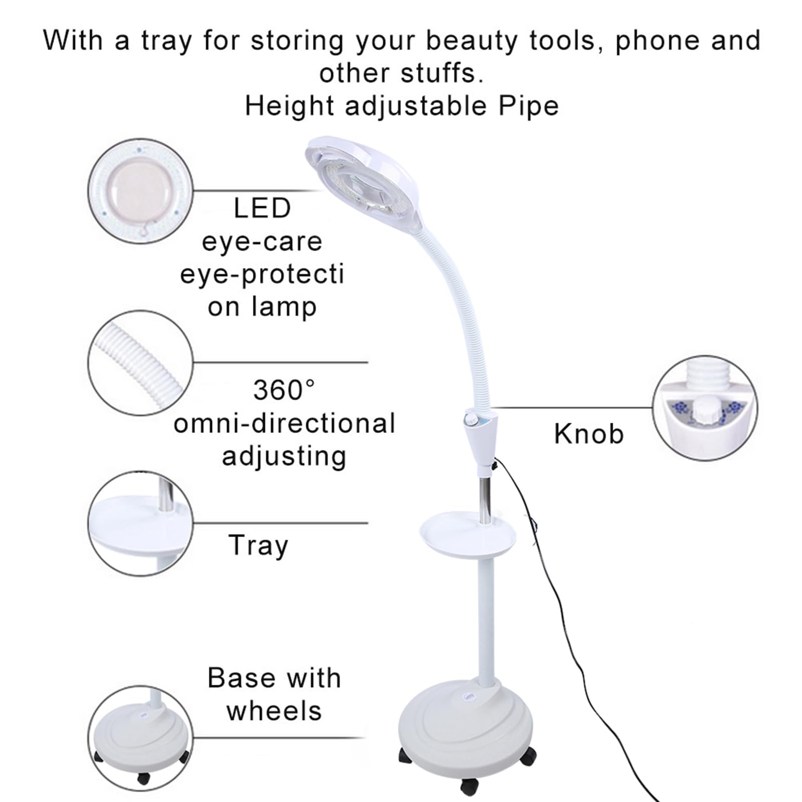 Lámpara de tatuaje, lámpara de luz fría LED para salón de belleza, lámpara de pie ajustable de 8 aumentos con iluminación de aumento, perfecta para extensión de pestañas, tatuaje de labios de(EU)