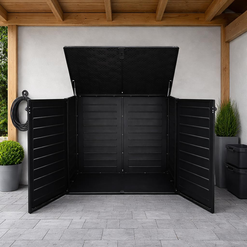Koll Living Mülltonnenbox Tilia 1170 Liter – abschließbare Universalbox in Holzoptik, wetterfest & UV-beständig, aus Kunststoff, Schwarz
