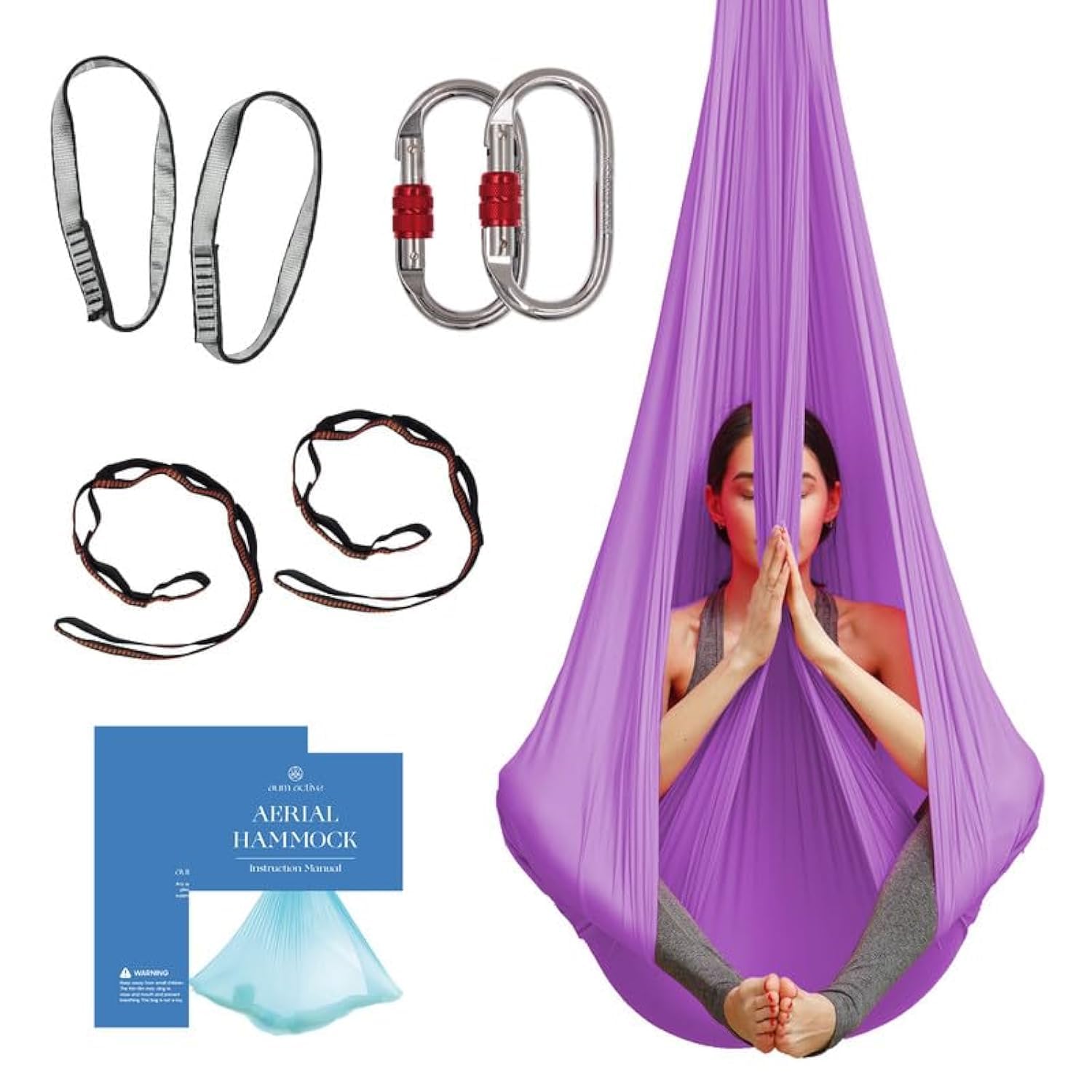 Aerial Silk Yoga Hammock & Swing for Home, Inversion Exercises, Starter Kit for All Levels - Durable with Extension Straps, Carabiners, and Pose Guide