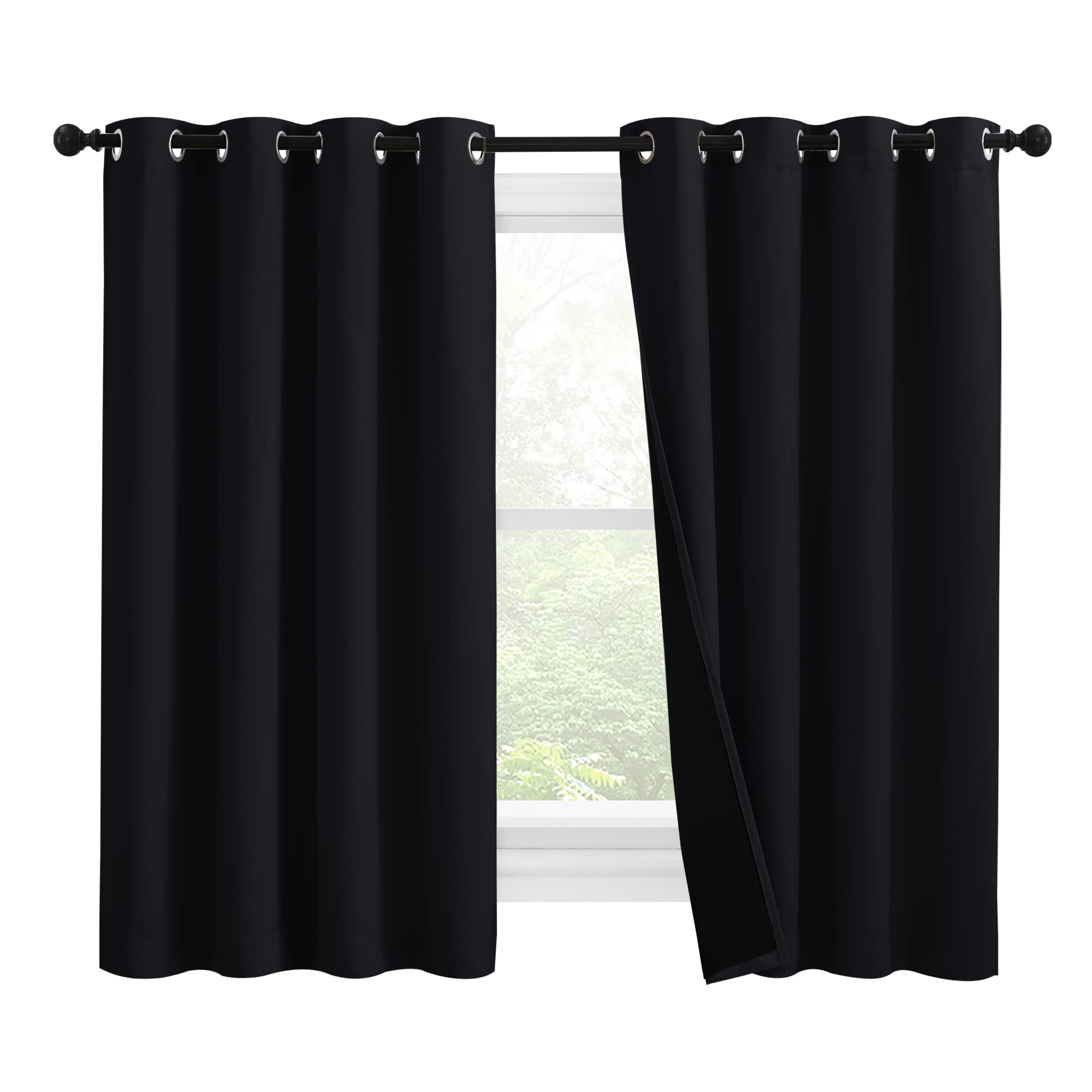 NICETOWN Truly Blackout Curtains 57 inches Length, 2 Thick Layers Completely Blackout Window Treatment Thermal Insulated Lined Drapes for Basement Window (Black, 1 Pair, 55 inches Width Each Panel)