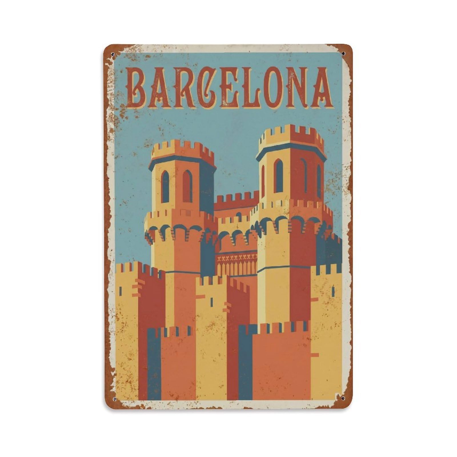 Okngb Style Retro Towers Barcelona Catalonia Landmark Architecture Metal Tin Sign Plaque Wall Decor For Cafe, Man Cave, Club Bar, Office, Home Garden Round Metal Poster 8X12inch