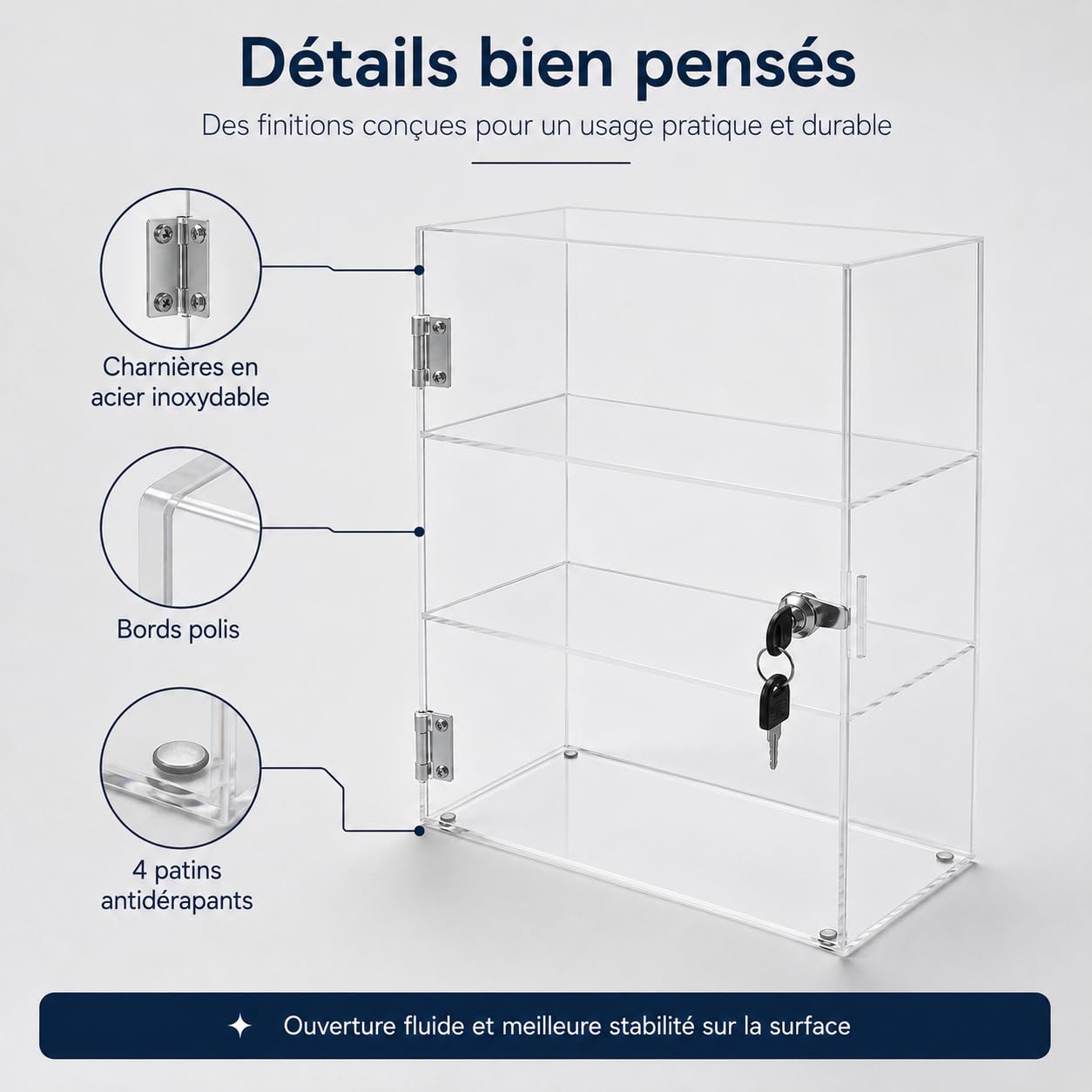 Vitrine de présentation verrouillable à 3 niveaux en acrylique, avec serrure, transparent, support d'exposition pour la maison, bureau, magasin, exposition, pièces de collection