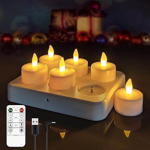 idyl light Velas de té recargables, vela LED con temporizador remoto, velas votivas sin llama con base de carga, velas de té parpadeantes, paquete