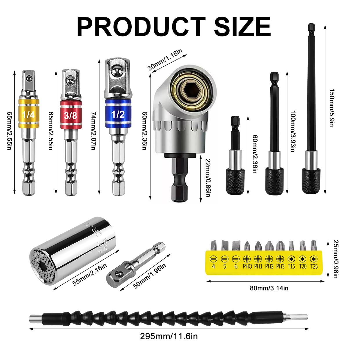 21 Pièces Renvoi D'Angle Visseuse Kit,105° Tournevis Flexible,1/4" Rallonge Embout Visseuse,1/4" 3/8" 1/2"Adaptateur Hexagonal, Renvoi D'Angle Perceuse, pour Rallonge Flexible pour Perceuse