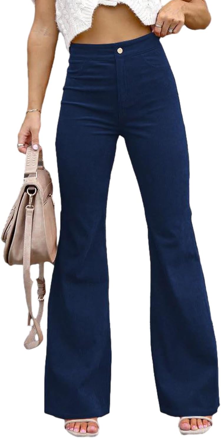 Xixiuly Women Corduroy Flared Pants Elastic Waist for Office Business Casual Flare Leg Palazzo Long Bootcut Pants Trousers