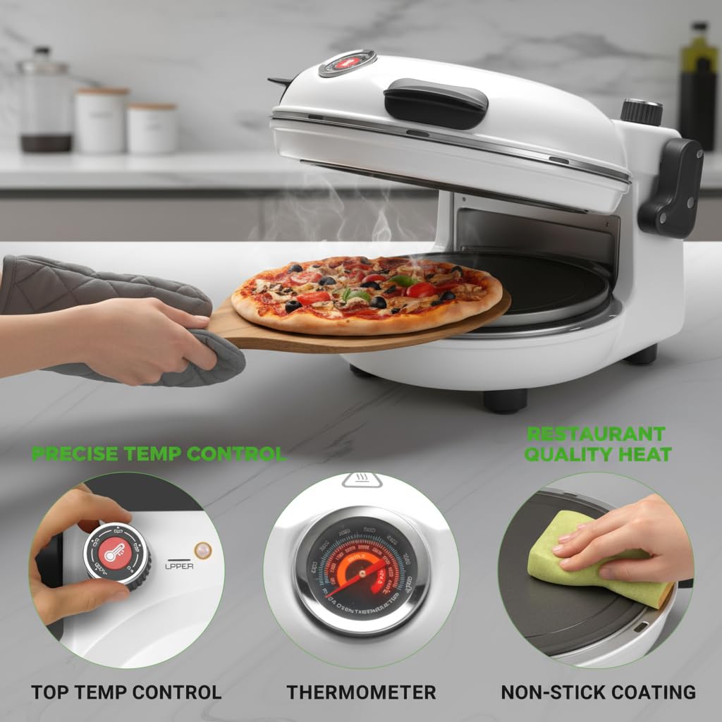 NutriChef Piekarnik elektryczny do pizzy 12” | Maker do pizzy na blat z kontrolą temperatury | Okno pieczenia | Podgrzewa do 800°F | Kamień nieprzywierający, łatwy do czyszczenia | Biały