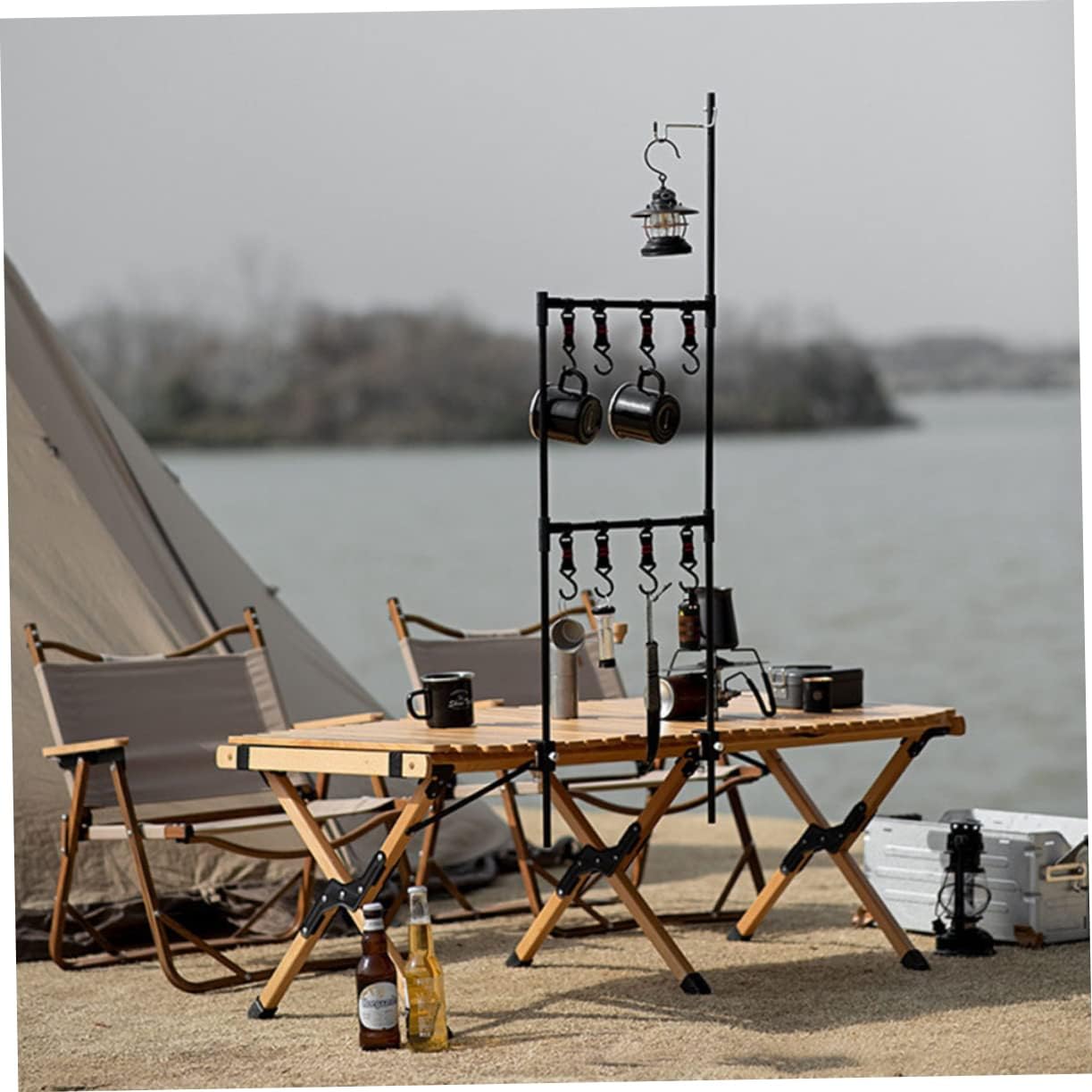 Versatile Aluminum Alloy Camping Rack with Hooks Folding Desktop Organizer for Cookware and Lanterns for Outdoor Picnics and Travel