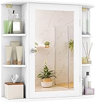Tangkula White Bathroom Medicine Cabinet with Mirror - Wall Mounted Storage Organizer, 4 Internal Shelves & 6 Open Side Shelves, Space-Saving Design