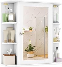 Tangkula Bathroom Medicine Cabinet with Mirror, Modern Wall Mounted Space-Saving Storage Organizer with Mirrored Door, 4 Internal Shelves & 6 Open Side Shelves, Bathroom Wall Cabinet (White)
