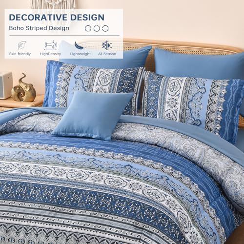 Image of Cottolester Boho Comforter Set Full Size,8 Pieces Blue and Grey Bohemian Striped Bed in a Bag,Paisley Soft Microfiber Bedding Comforter Set