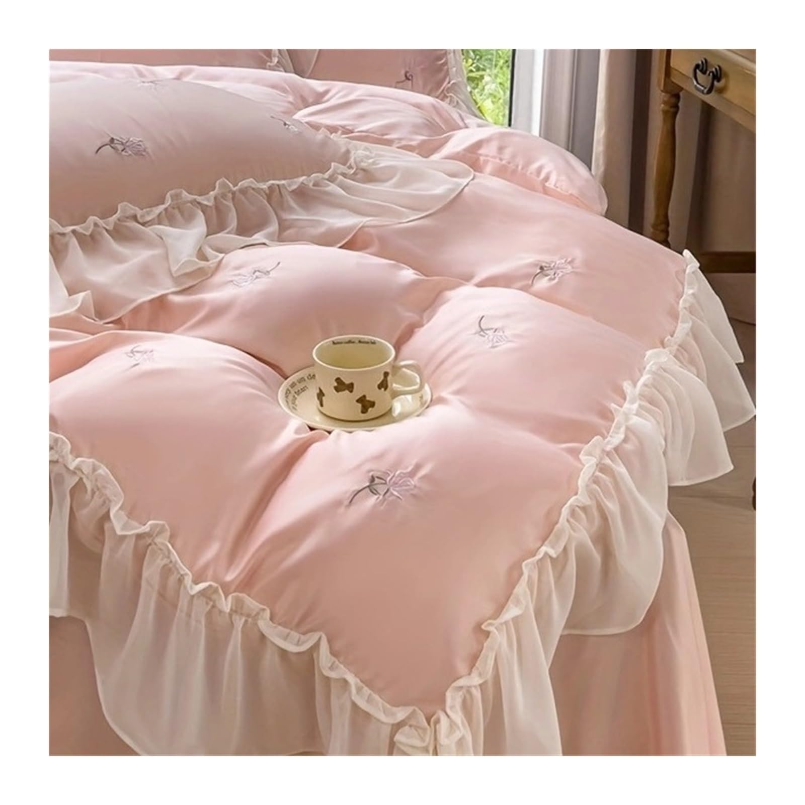 ZHSOAO 3pcs Elegant Rose Embroidery Bedding Set Lace Duvet Cover 1 2 Pillowcase for Bed(Pink,180x210cm)