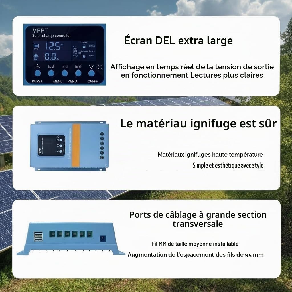 Régulateur de charge solaire 150A 12V 24V 36V 48V Affichage LCD de reconnaissance intelligente Régulateur intelligent de batterie Max. 100V Entrée double USB pour batteries à plomb/lithium