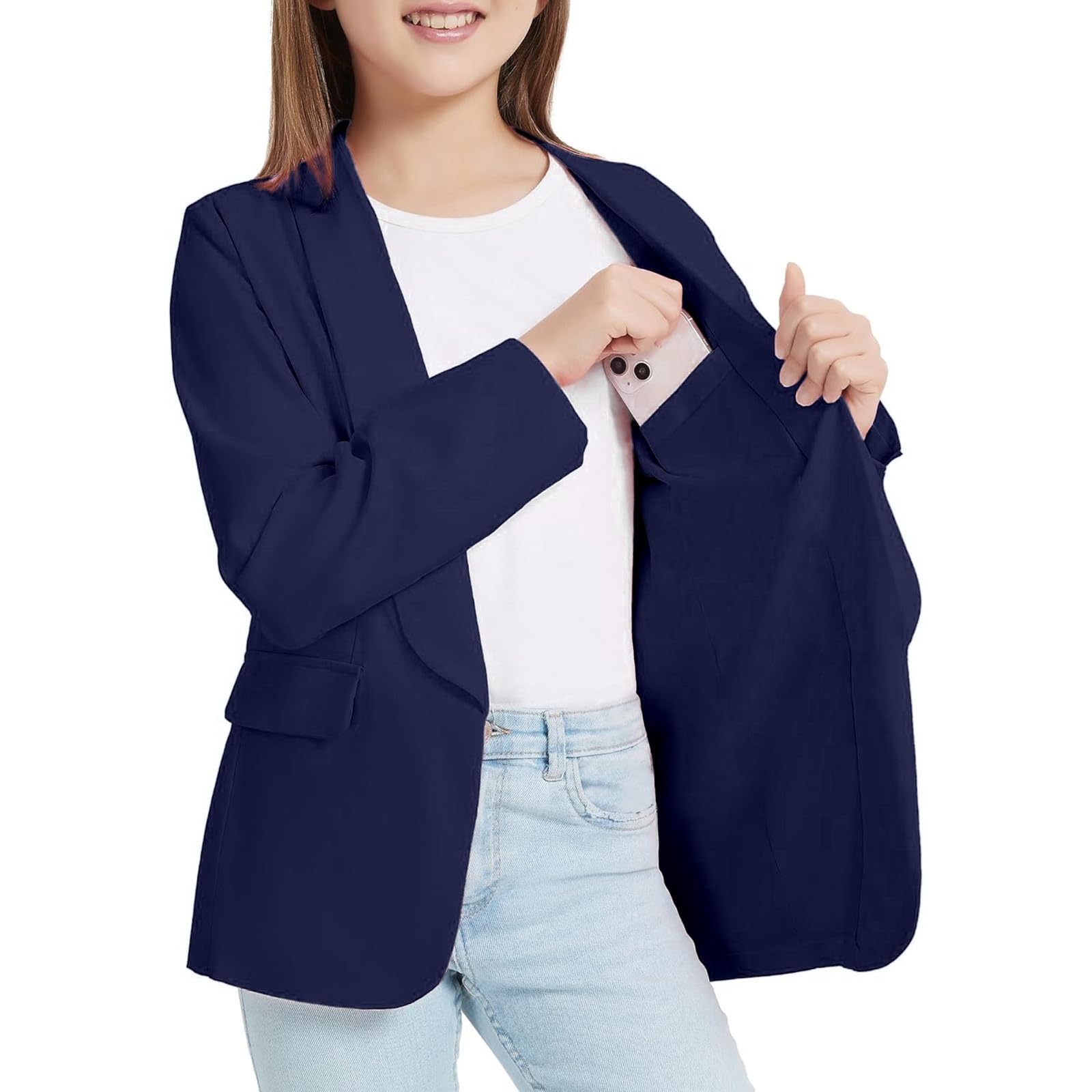 Niñas chaqueta formal manga larga frontal abierto bolsillo interior