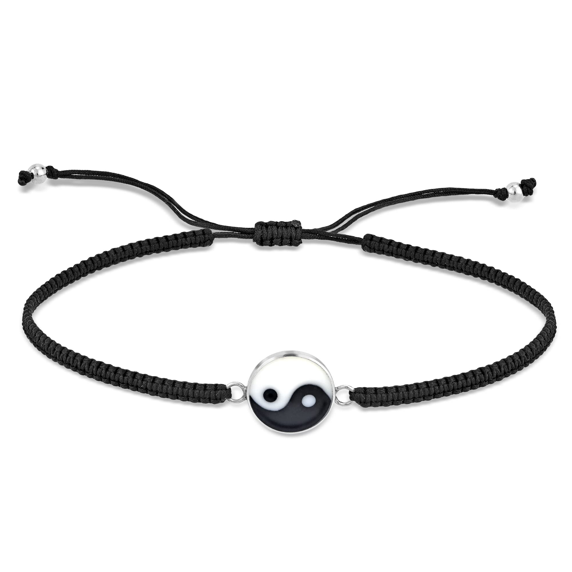 AeraVidaBalance of Yin and Yang .925 Sterling Silver Cotton Rope Adjustable Wrist Pull Bracelet