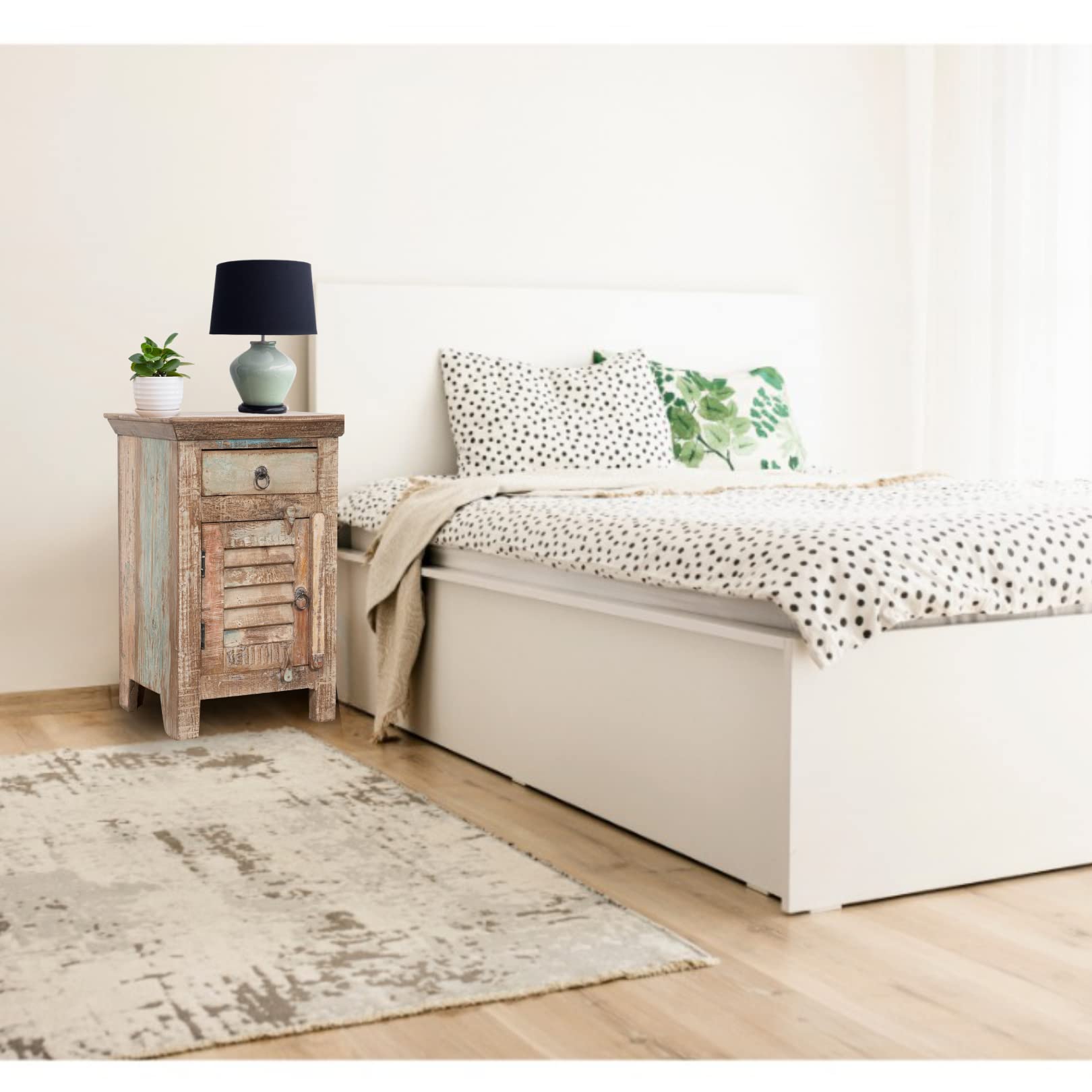 Biscottini Mesita de Noche de Madera reciclada 65 x 33 x 43 cm | Mesita de Noche Dormitorio rústico | Mesitas de Noche Vintage con Acabado Antiguo