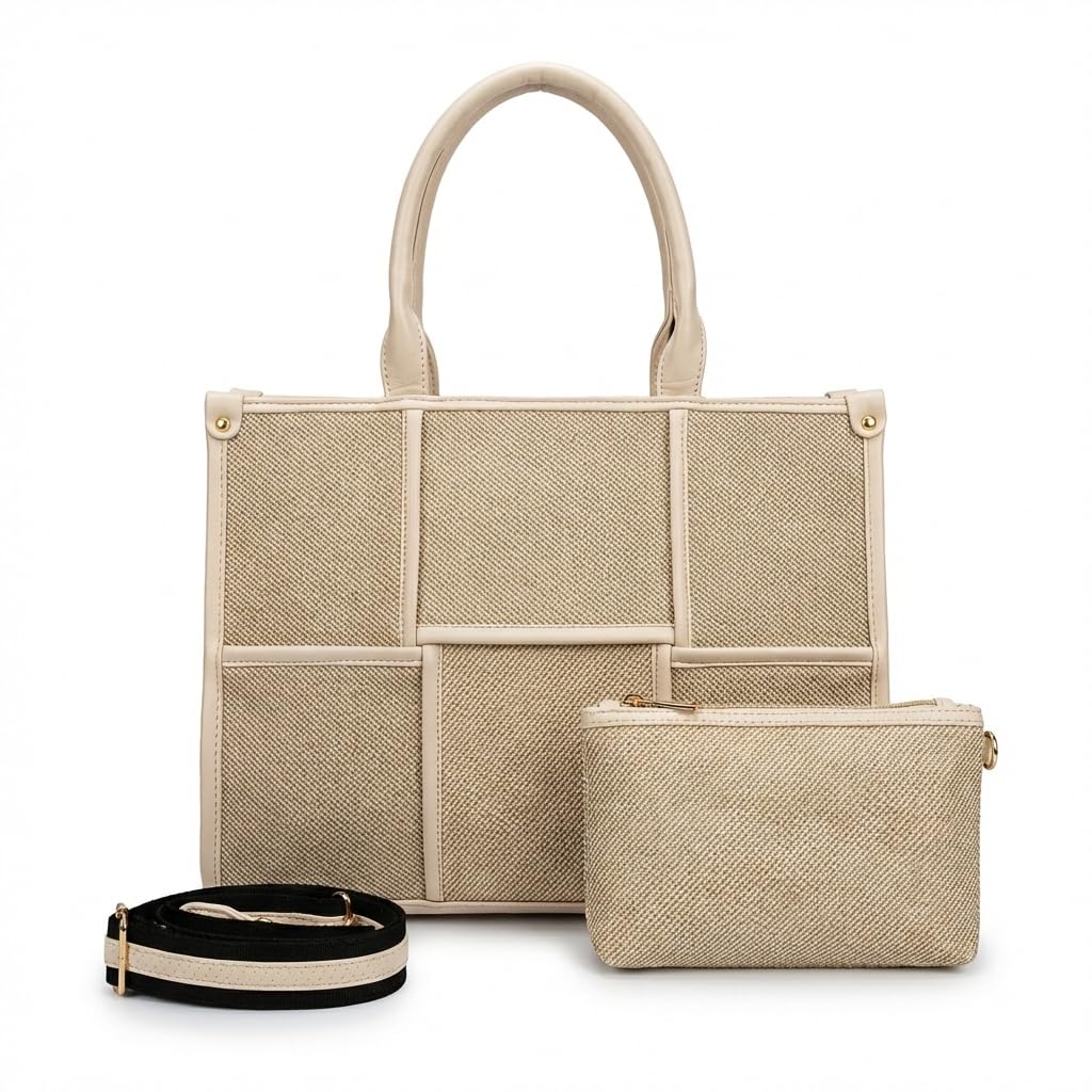 Women’s Elegant Beige Tote Bag with Laptop Compartment, Detachable Sling Strap