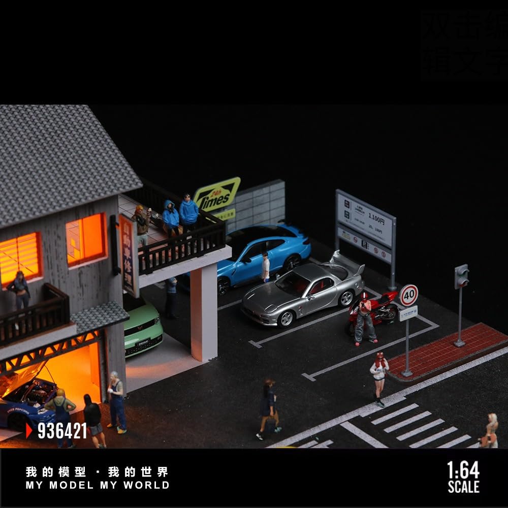 1:64 Diorama Garage Modello, Illuminazione LED Parcheggio Scena Display Case, Modello Officina per Display 1:64 Diecast Modellino Auto Vetrina, Modello Edificio (Japanese Repair Shop)