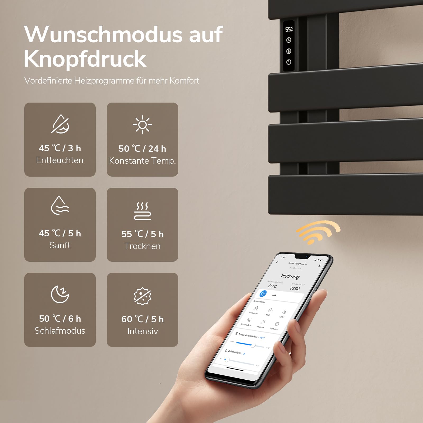 EMKE Elektrischer Badheizkörper 850x400 mm, Intelligenter Handtuchheizkörper mit WiFi-App-Steuerung, Timer & Thermostat, Handtuchwärmer zur Wandmontage, 230 Watt, IP45, Schwarz