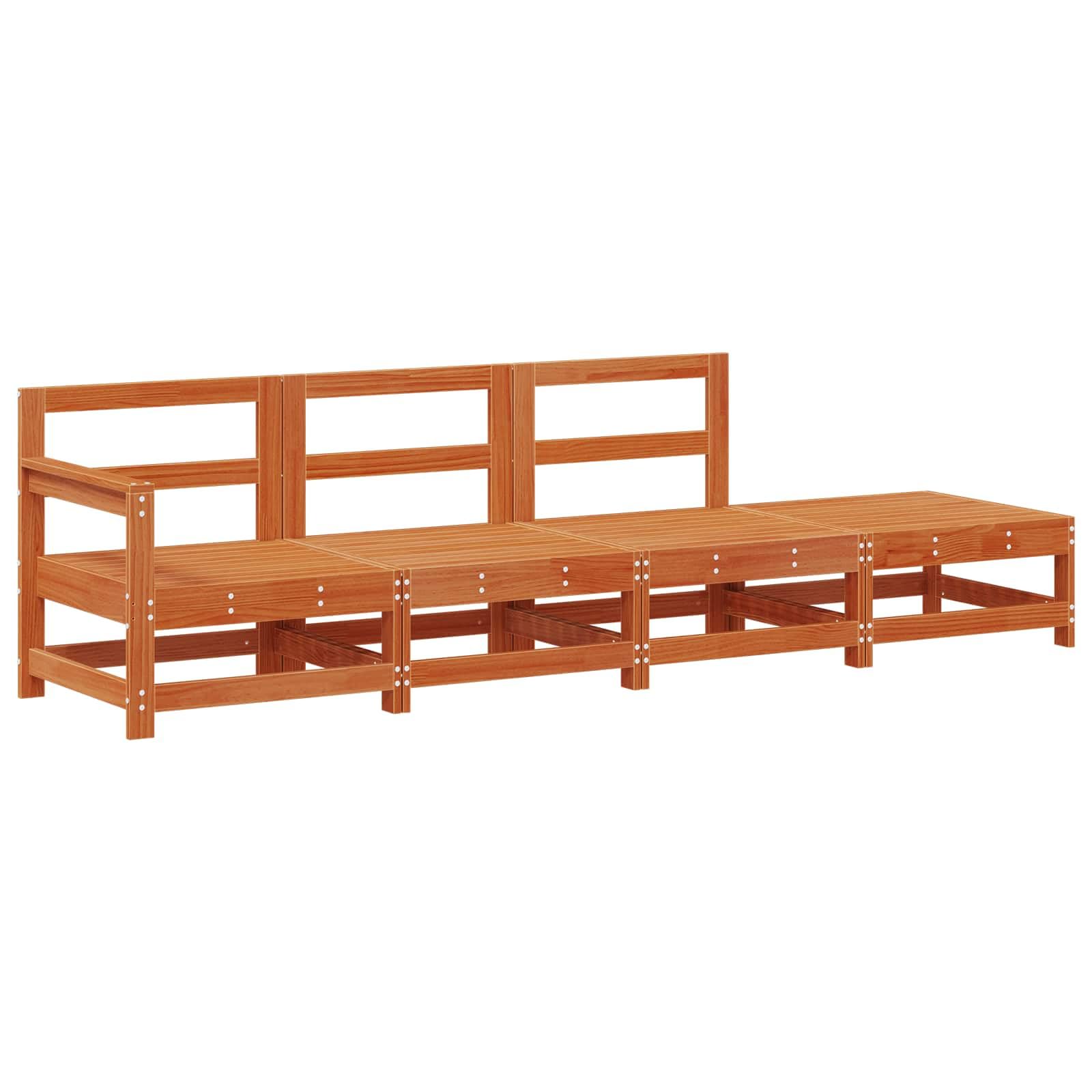 Unidad de sofá de madera de pino, color marrón cera, 252 x 62 x 70,5 cm | Diseño modular, patas cuadradas, para jardín y terraza, robusto y estable
