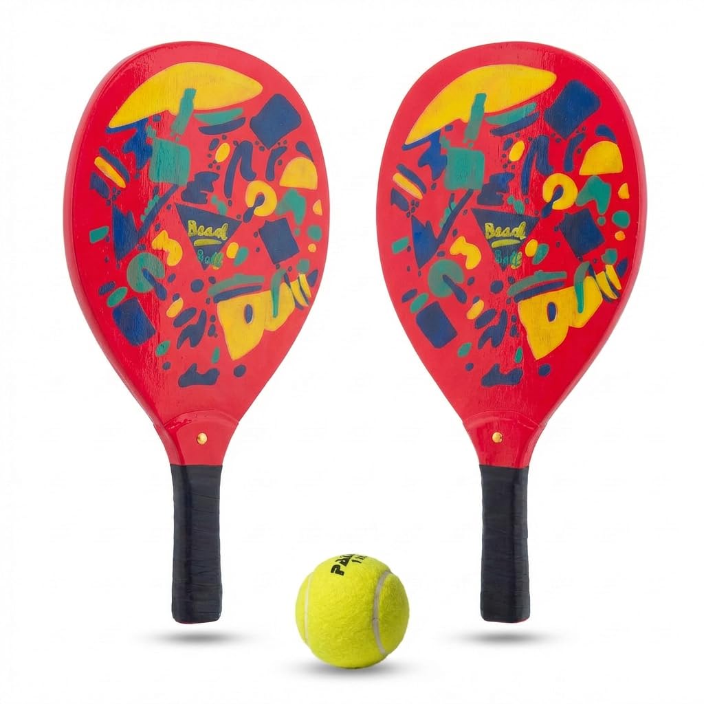 Coppia Racchette da Spiaggia Padel Beach Tennis con Pallina Morbida Set Racchettoni in Legno Mare, Spiaggia Piscina Mare Giardino, Beach Rackets Set N 2 Racchette, N 1 Pallina