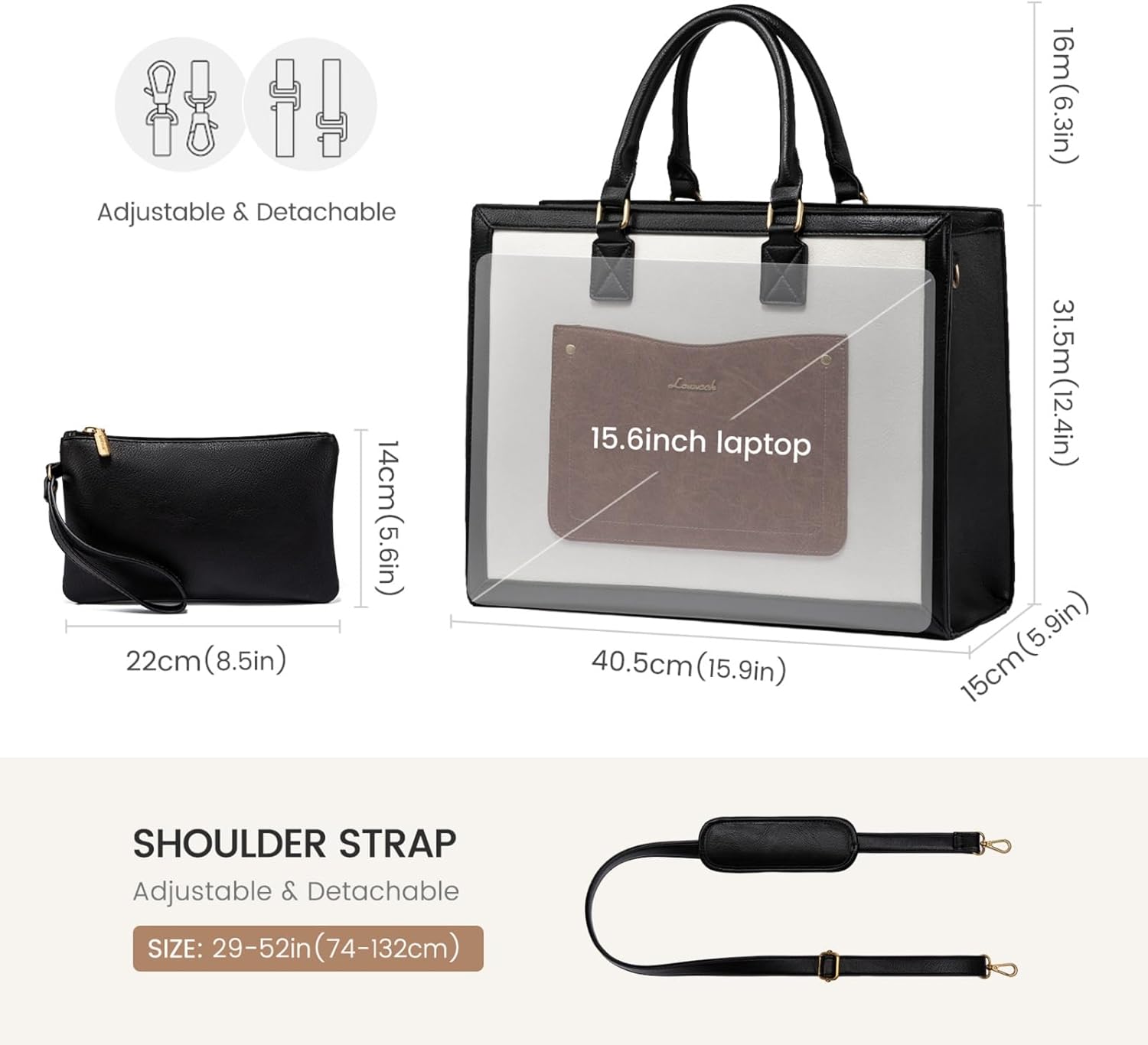 LOVEVOOK Laptop Tote Bag for Women, 15.6 Inch Work Bags, Vintage Leather Tote Bag, Waterproof Computer Bags with Clutch Purse, Large Capacity Messenger Bag for Teacher College Business Office - Image 6