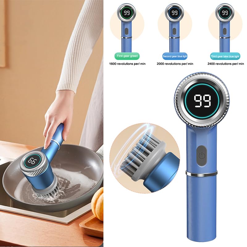 Foknya Electric Spin Scrubber, Cordless Shower Scrubber with Battery Level Display, 3-Speed Adjustable, 4 Replaceable Shower Cleaning Brush Heads for Bathroom, Tile, Kitchen, Stove