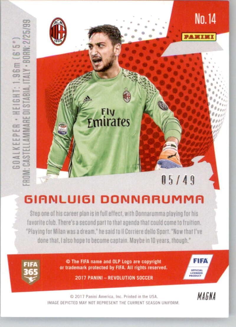 2017 Panini Revolution Magna #14 Gianluigi Donnarumma SER/49 AC Milan Official Soccer Card in Raw (NM or Better) Condition