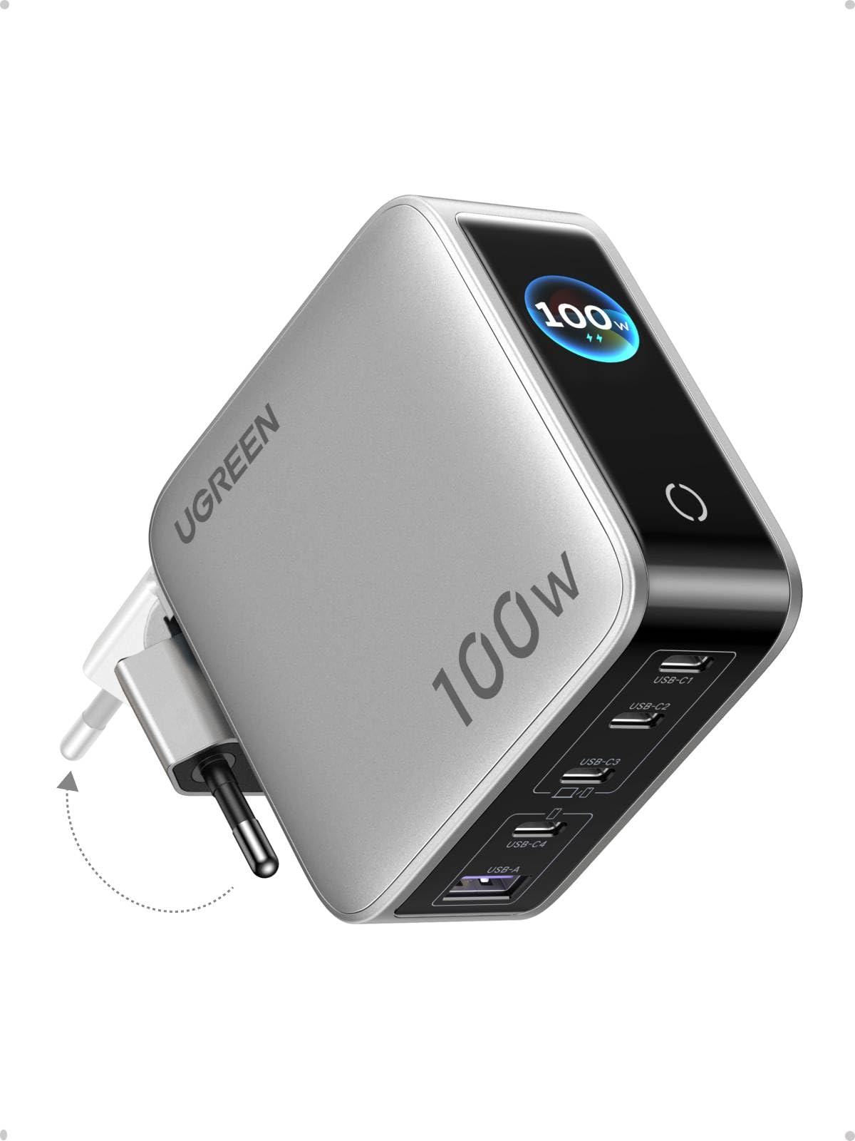 UGREEN Nexode Pro Cargador USB C 100W Carga Rápida Pantalla TFT | 5 Puertos Compatible con iPhone 17 Pro MAX Air 16 15 14 13 Galaxy PPS 45W S26 25 24 Pixel 10 iPad MacBook M5