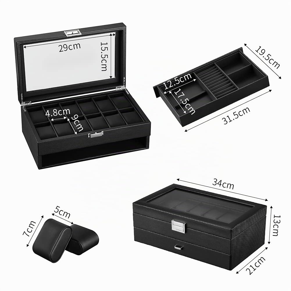 Caja de reloj de piel con 12 compartimentos, con cajón, caja de relojes de lujo, organizador de presentación, caja de relojes, anillos, pulseras (fibra de carbono W79T)
