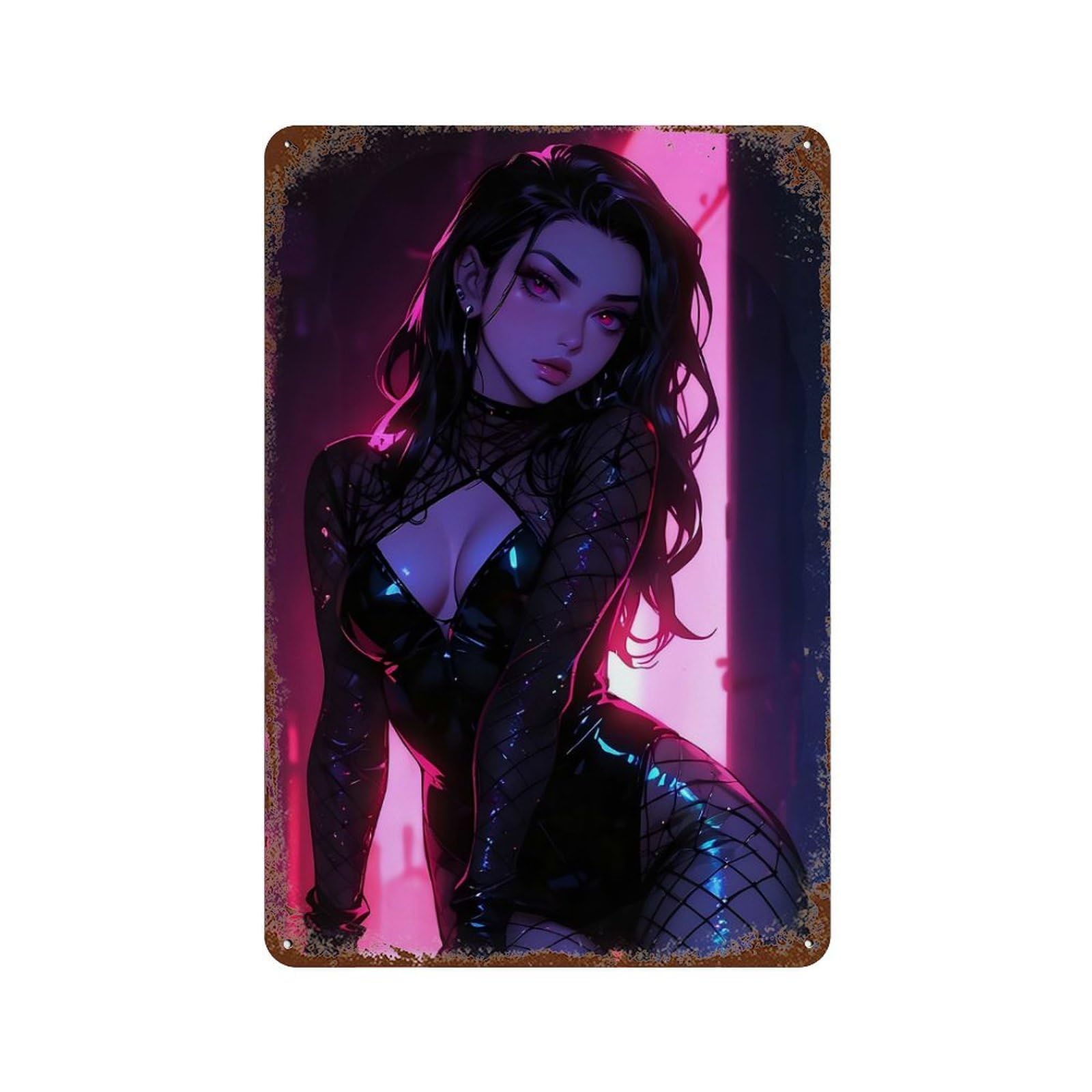 Rusty Metal Tin Sign Hot Anime Fishnet Waifu 11.8"x7.9", Vintage Wall Decor for Shed, Workshop And Garage Wall Decor