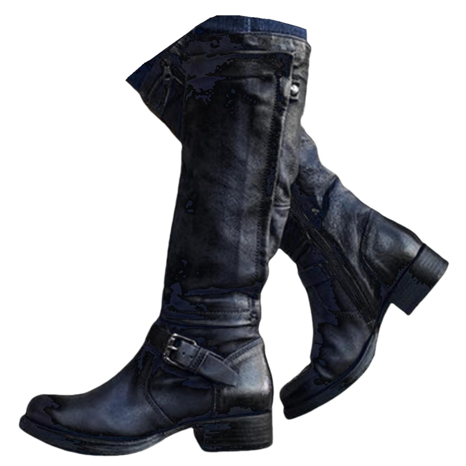 Boots For Women Knee High Low Heel Slip On Riding Motorcycle Biker Boots Side Zipper Square Toe Fashion