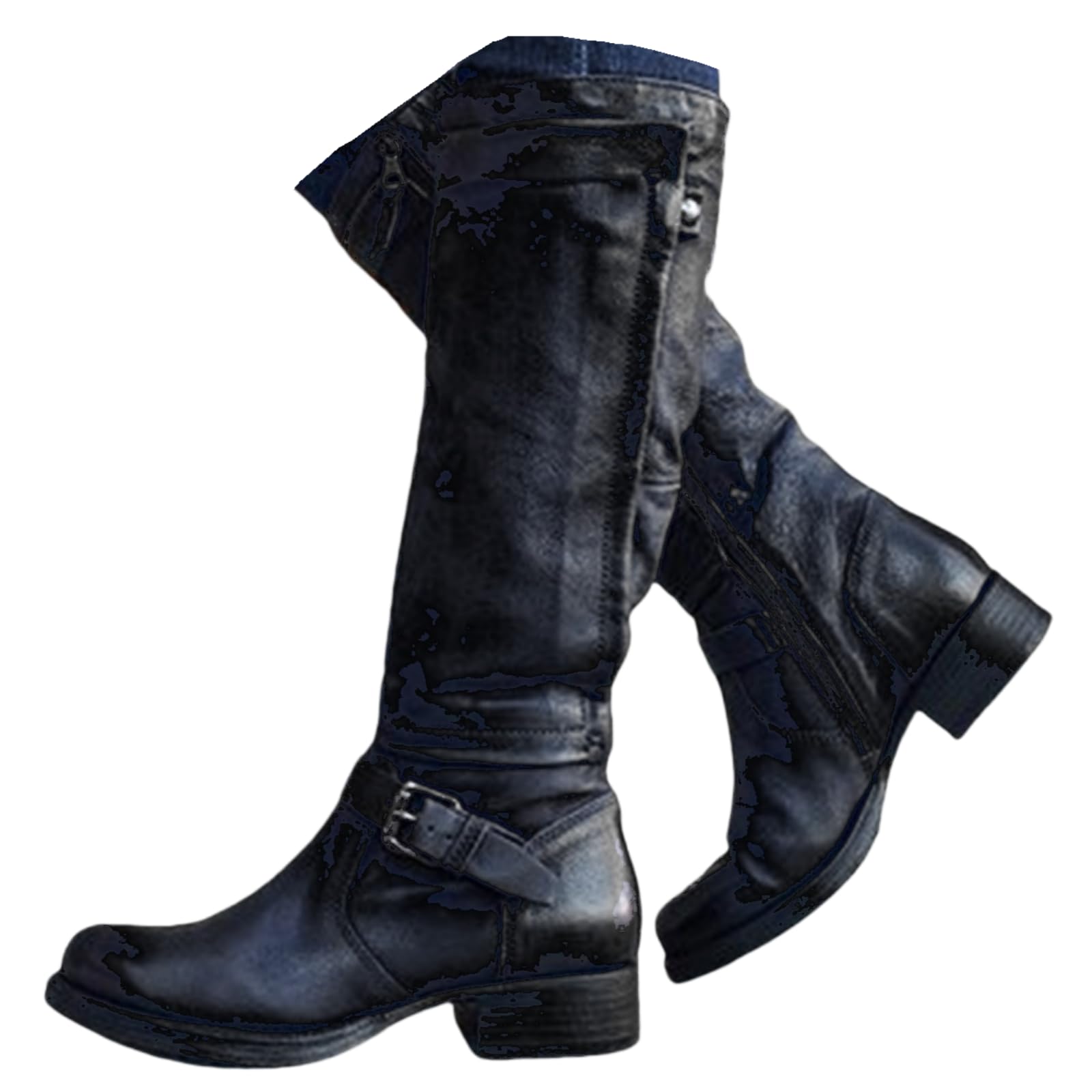Boots For Women Knee High Low Heel Side Zipper Motorcycle Boots Square Toe Fashion Buckles Biker Riding Western