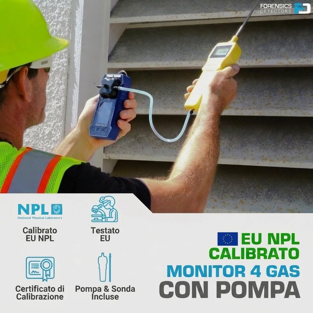 Rilevatore Multigas | Certificato di Calibrazione EU | O2, CO, H2S, LEL | Display a Colori, Grafici e Registrazione Dati | Batteria Li-Ion Ricaricabile |