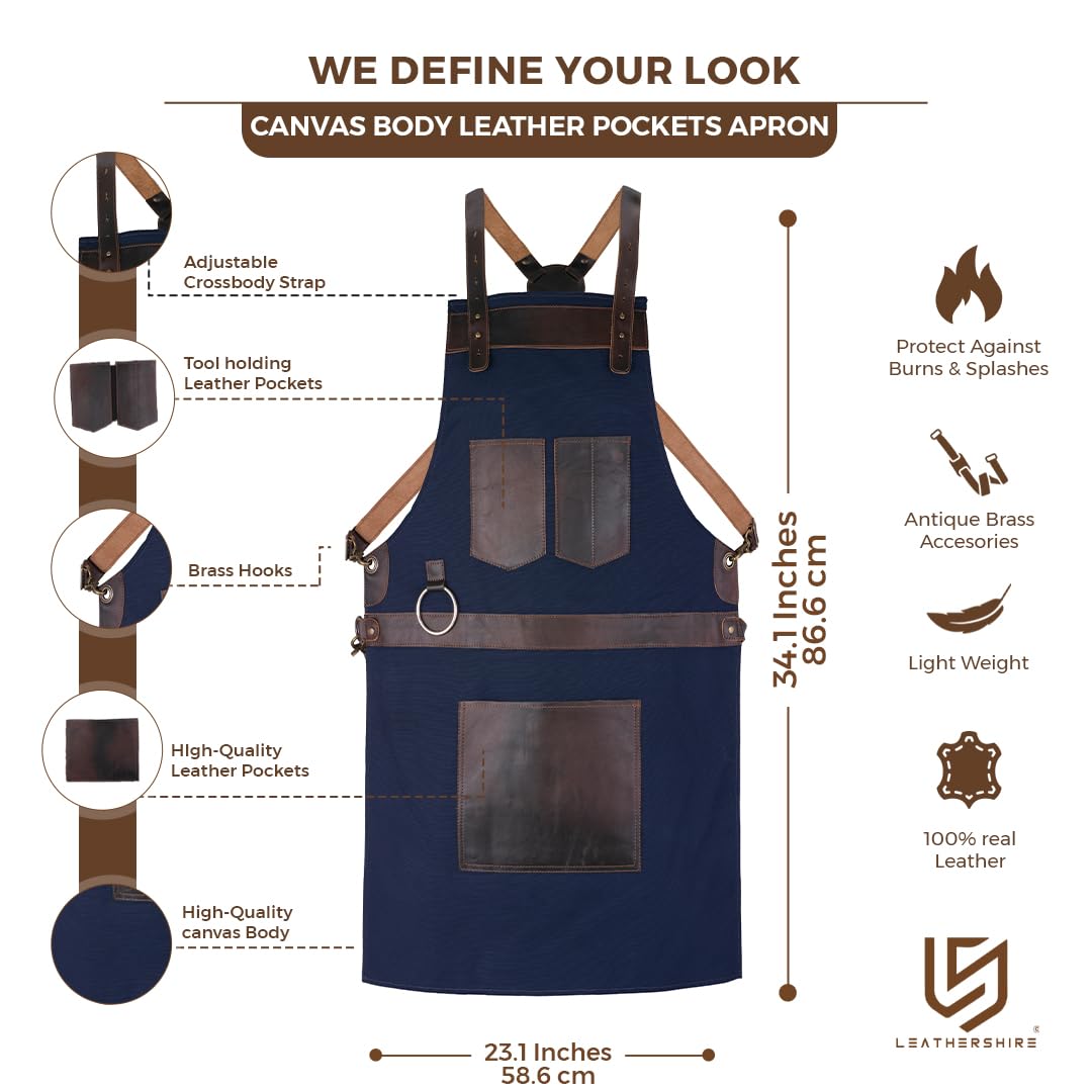 Leathershire Top Grain Leather Blue Canvas Crossbody Apron Butcher -Cook, BBQ, DIY, Blacksmith, Barber - Image 2