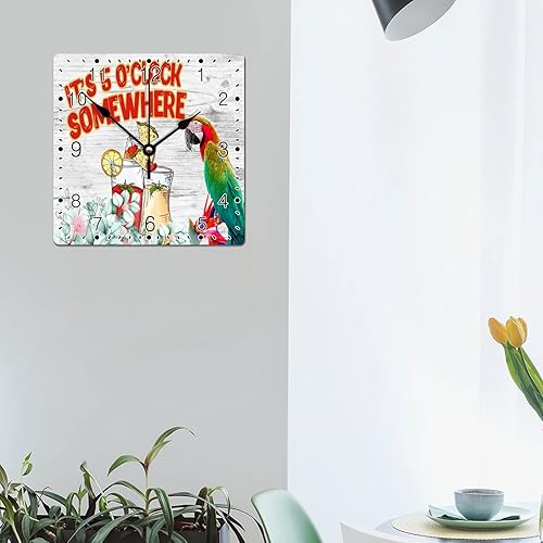 Miniatura 5 de Reloj de pared con texto en inglés "It's Five O'clock Somewhere", color rústico, floral, estilo loro, playa de Hawaii, relojes de pared grandes de